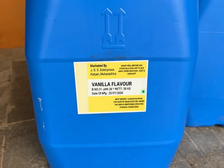 30 kg vanilla flavour can with a J.S.S. Enterprises marketed-by label